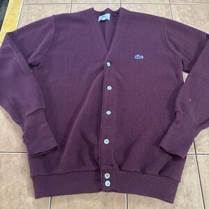 Vtg Izod Lacoste Maroon Cardigan Sz Large Sweater Orlon Acrylic USA Union Made